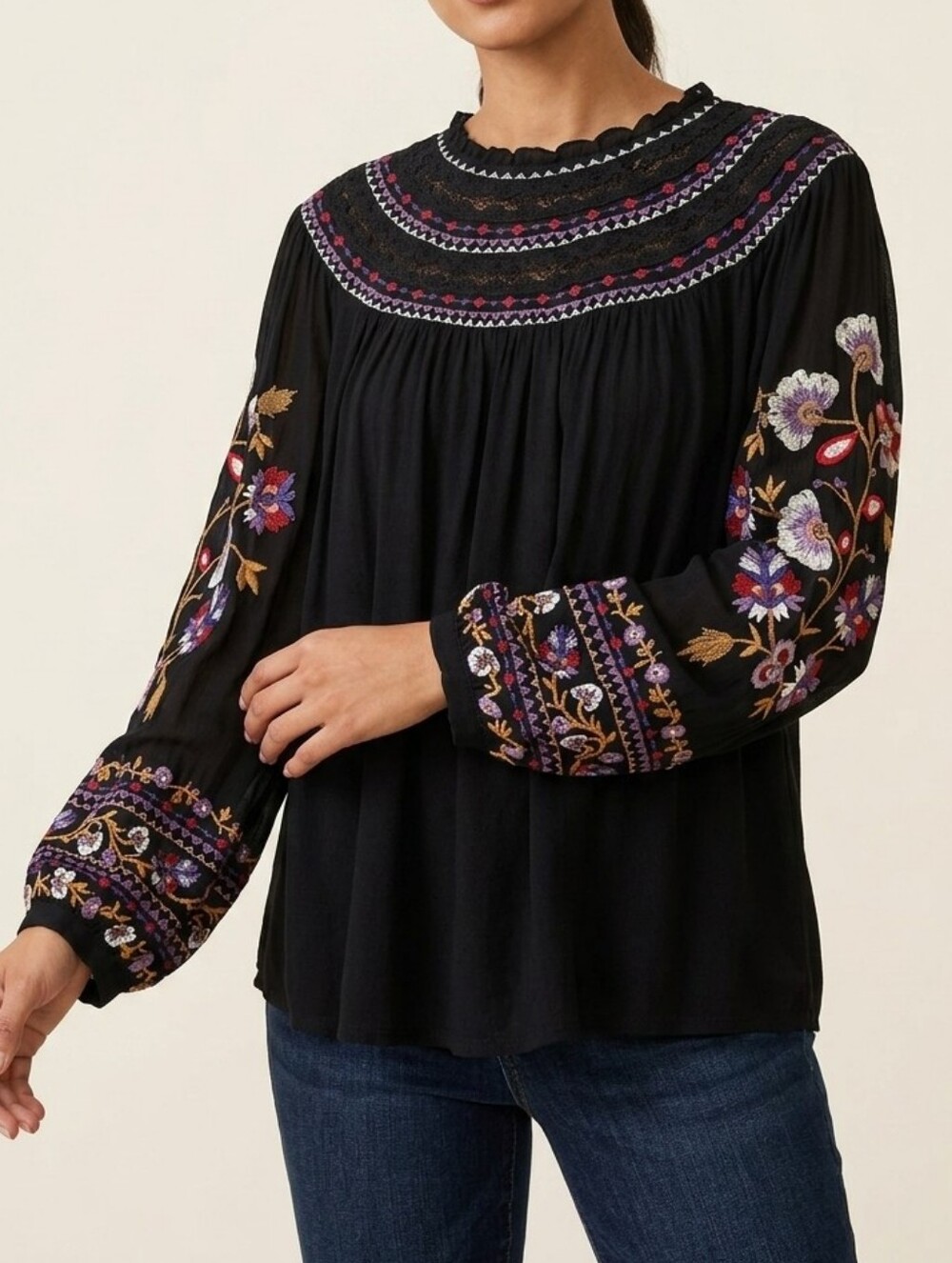 Anthropologie Akemi + Kin Floral Sequin Beaded Embroidered Boho Blouse Black XS